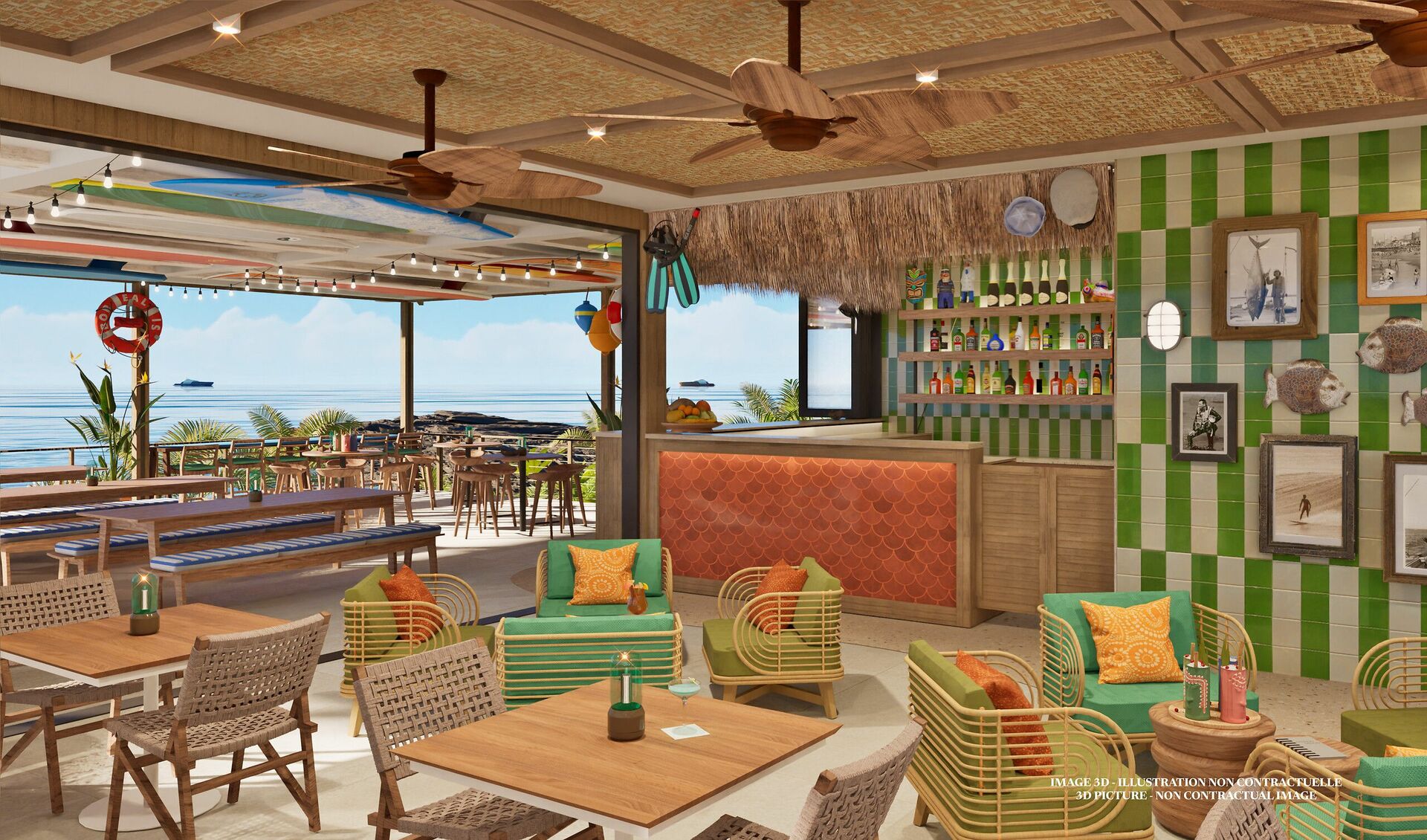 Chaises et tables avec vue sur mer