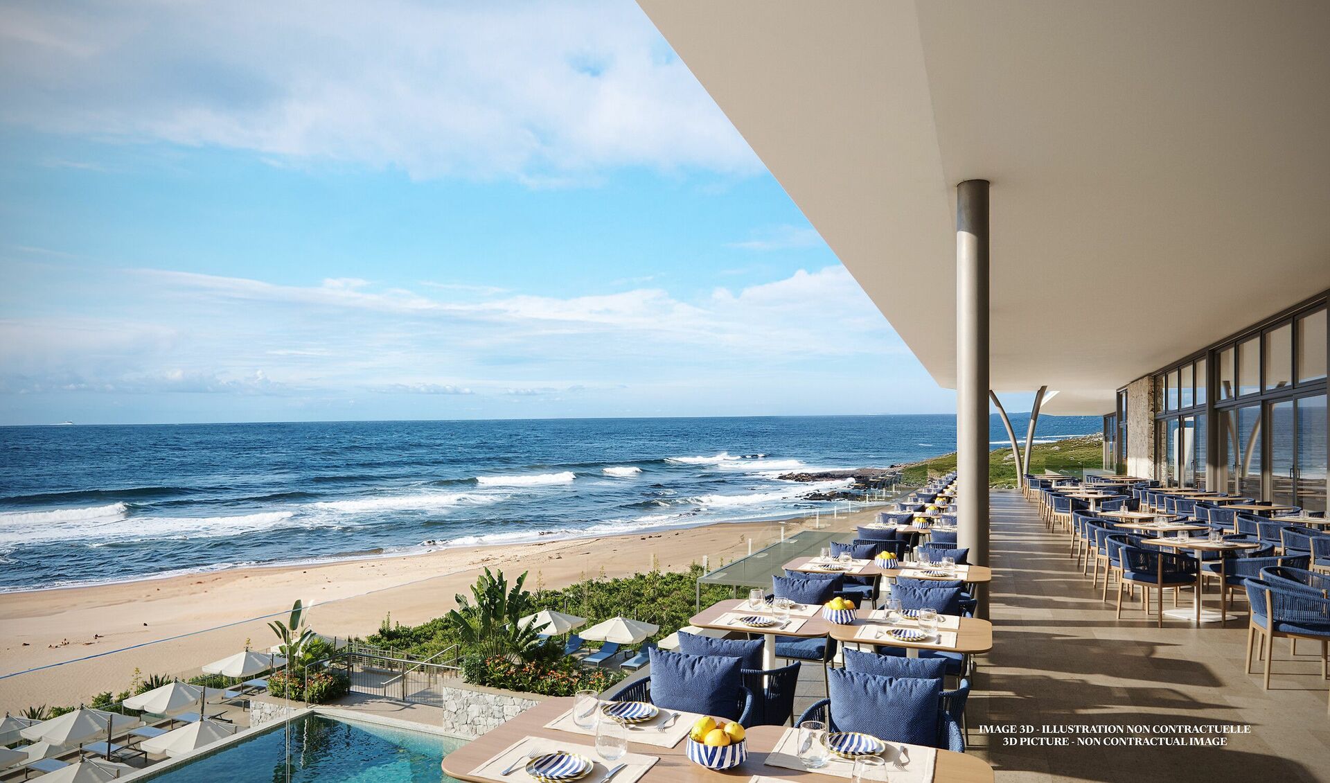Chaises et tables avec vue sur mer
