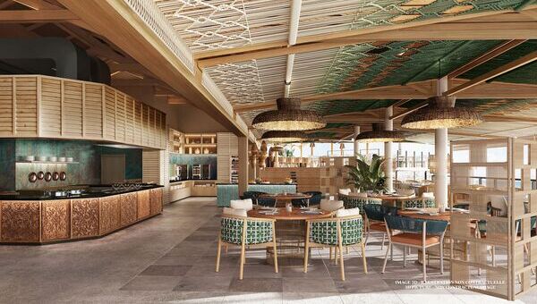 Chaises et tables avec vue sur mer