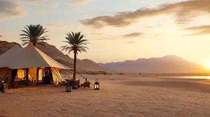 Camp en toile dans le désert avec palmierse