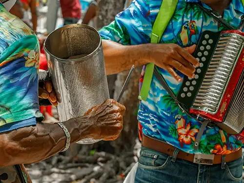 Hommes qui jouent du güiro et de l'accordéon