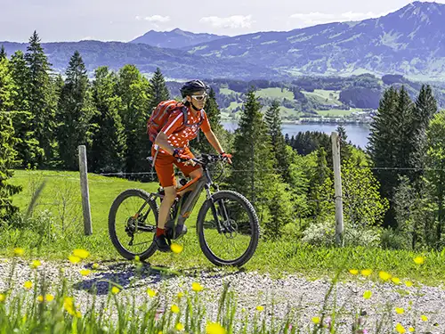 Homme à vélo au bord d'un lac entouré de montagnes