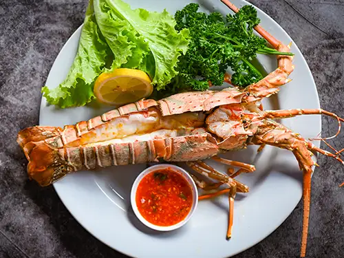 Assiette avec feuilles de salade et langouste