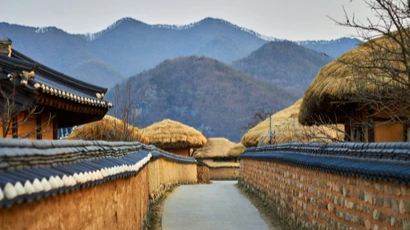 Village avec maisons aux toits de paille