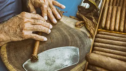 Mains d'un homme qui roule un cigare