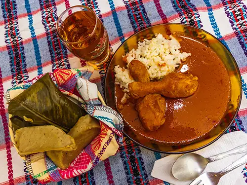 Assiette avec du riz et poulet en sauce