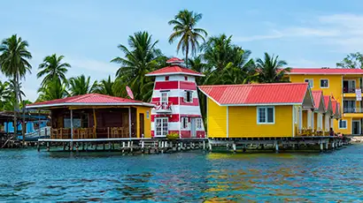 Maisons colorées et palmiers au bord de l'eau