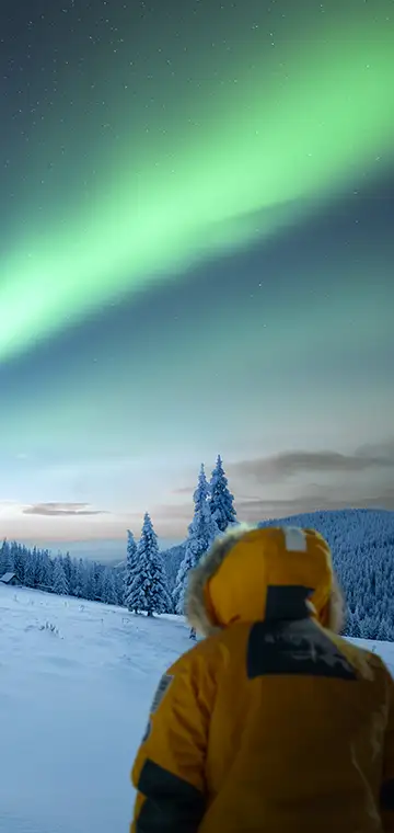 Homme de dos devant les Aurores boréales