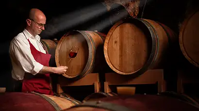 Sommelier devant des tonneaux de bois