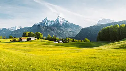 Plaines verdoyantes et montagnes enneigées